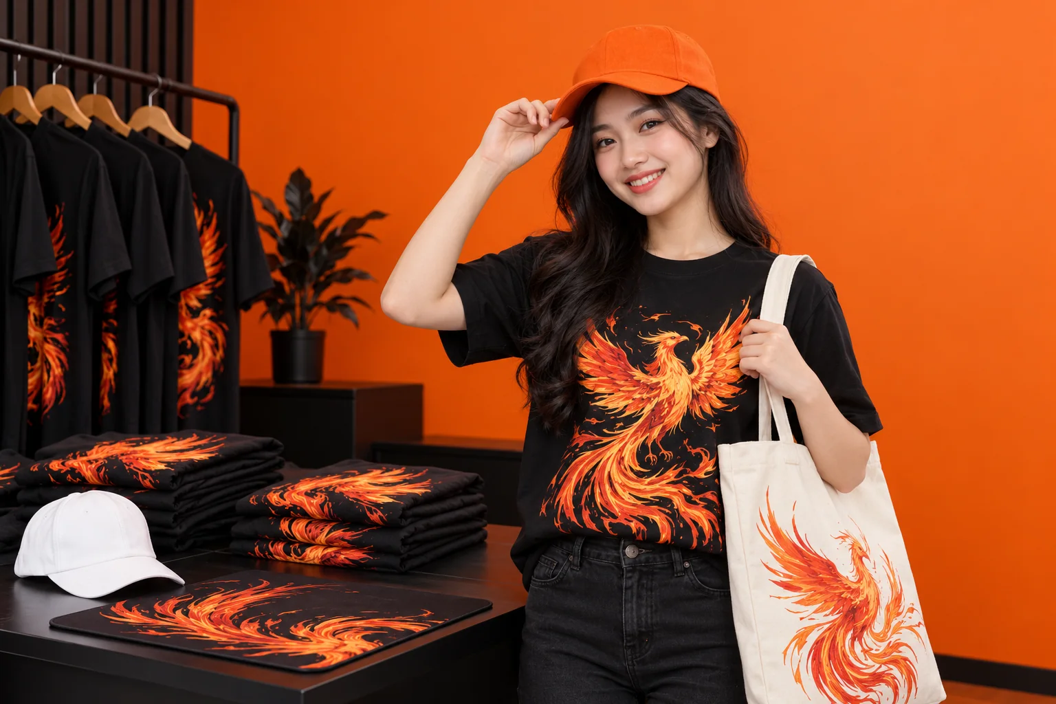 Cô gái đội mũ cam, mặc áo đen in logo PrintME, cầm túi tote, xung quanh là áo, mũ, lót chuột đã in