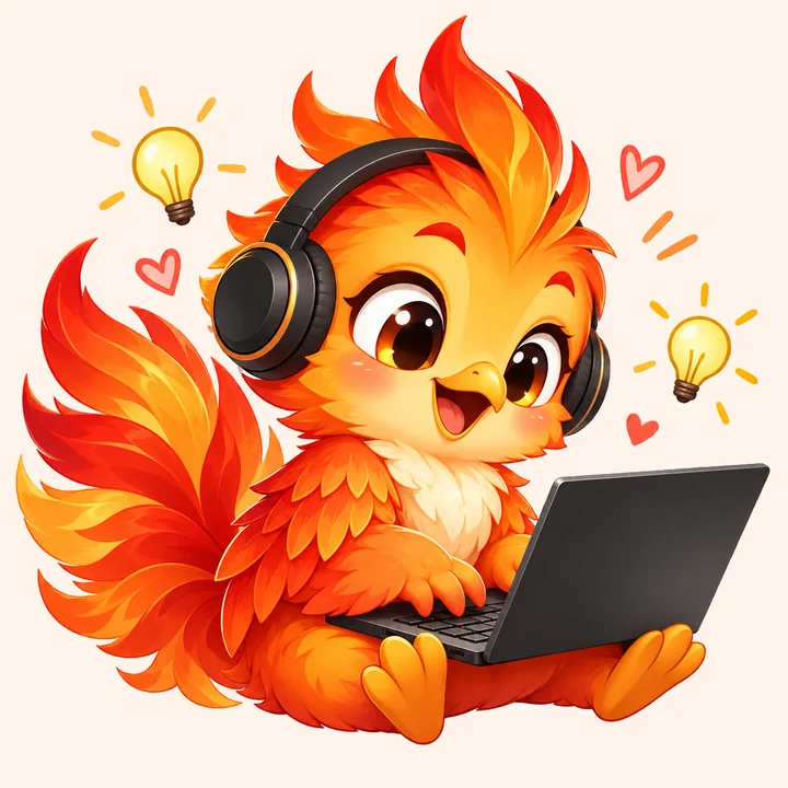 Linh vật phượng con của PrintME ngồi gõ laptop