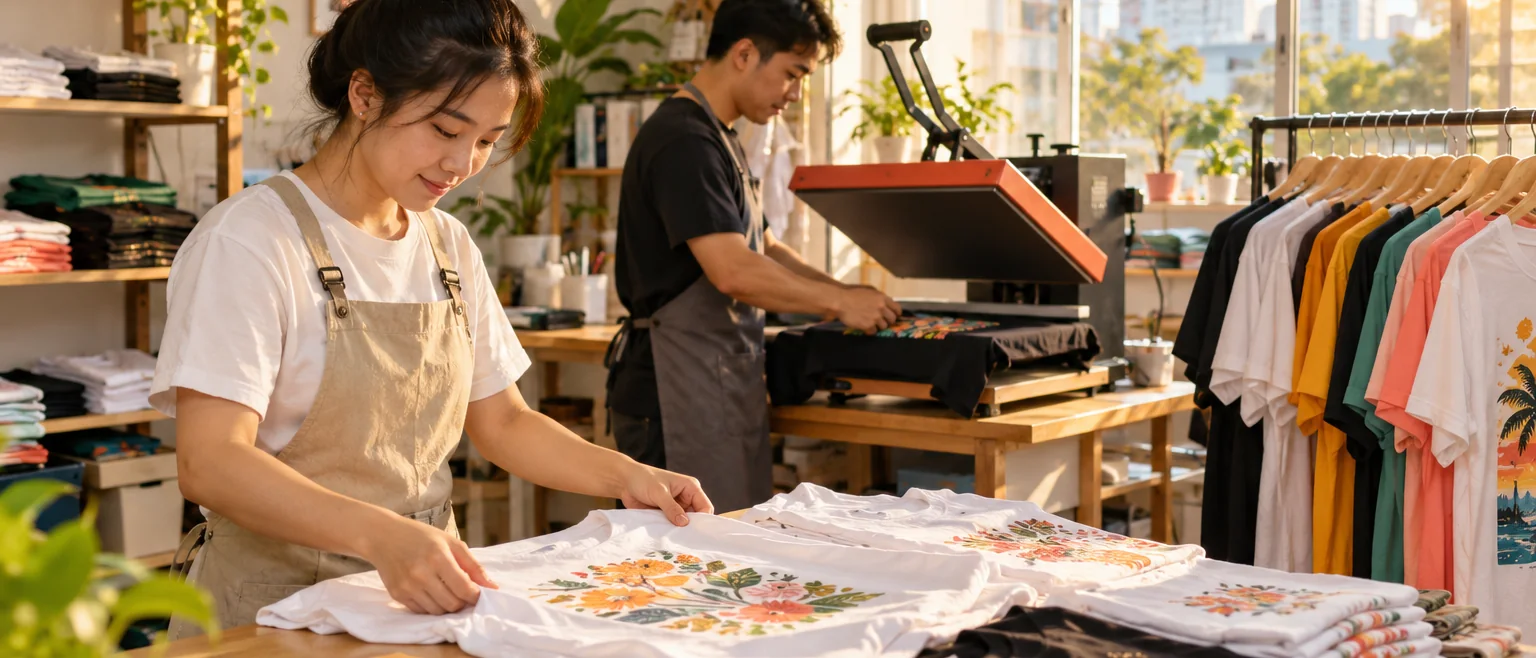 Xưởng in PrintME với bàn ép nhiệt và giá treo áo